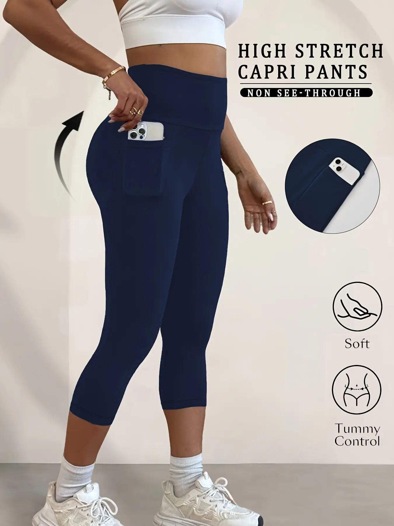 Women's Sports Capri Pants - High-Elasticity Slim-Fit Pockets Design, Soft Breathable Fabric, Compression Support Flexibility, Ideal for Yoga & Outdoor Activities (Cropped Elastic Sports Leggings), Capri Pants Women's Sports Leggings, Compression Support