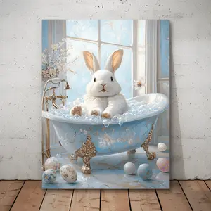 Humorous Easter bunny in a bathtub canvas art piece, framed in wood - charming white bunny wall decoration, suitable for bathrooms, offices, kitchens, or bedrooms. Spring-like light colors, perfect for indoor use, hang and use immediately.