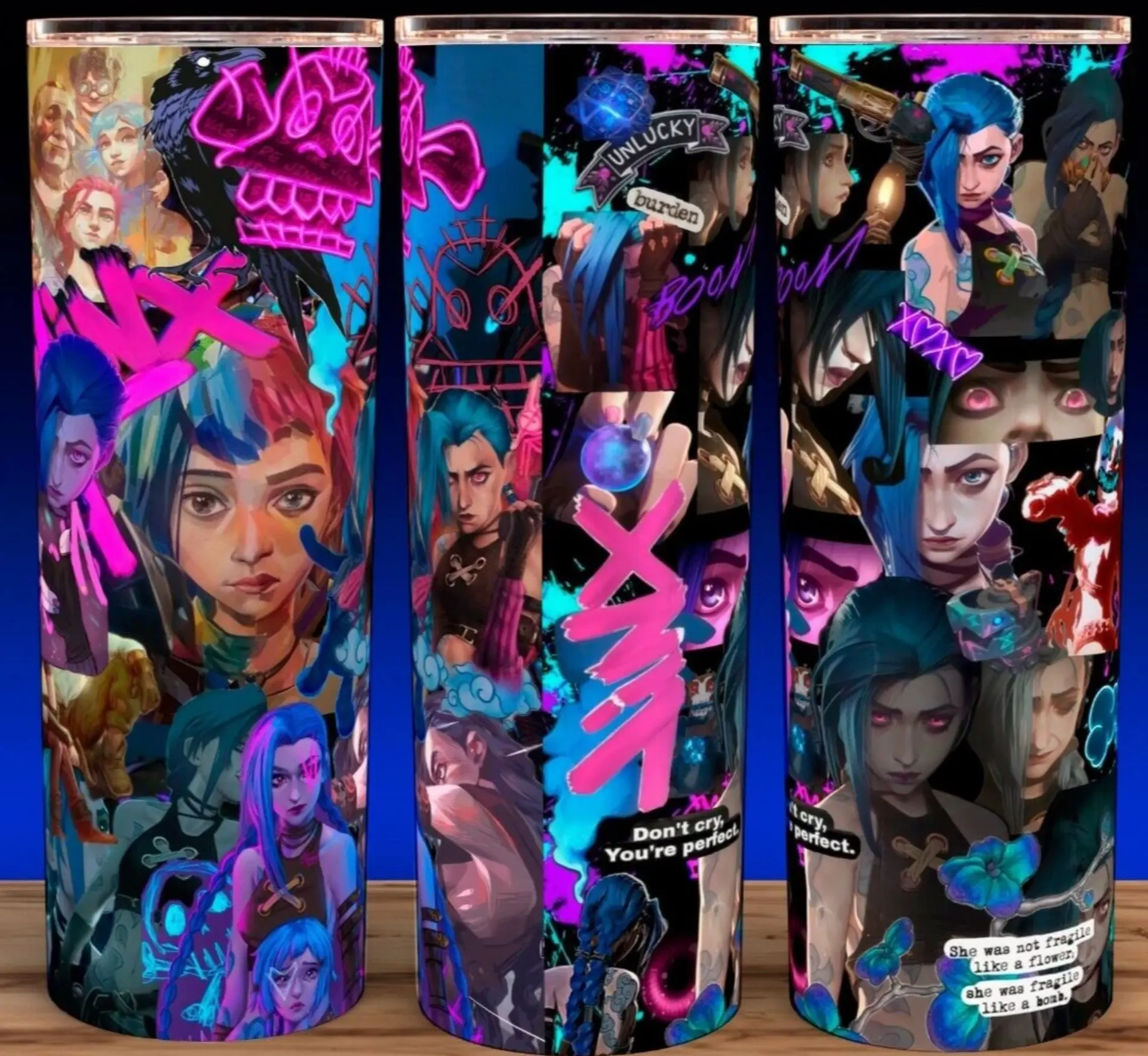 Arcane League of Legends Jinx Anime Collage Cup Mug Tumbler 20oz with Lid and Straw - Elegant Drinkware for Anime Fans - Perfect for Hot or Cold Drinks! Stainless Steel. Flasks Plastic