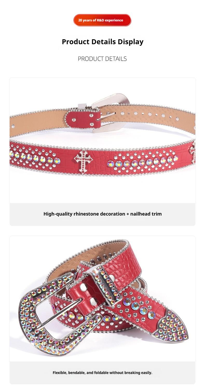 Unisex Crocodile Pattern Belt with Rhinestone Decorative Buckle Cross Pendant New Street Fashion Denim Belt Adjustable for Most Waist Sizes
