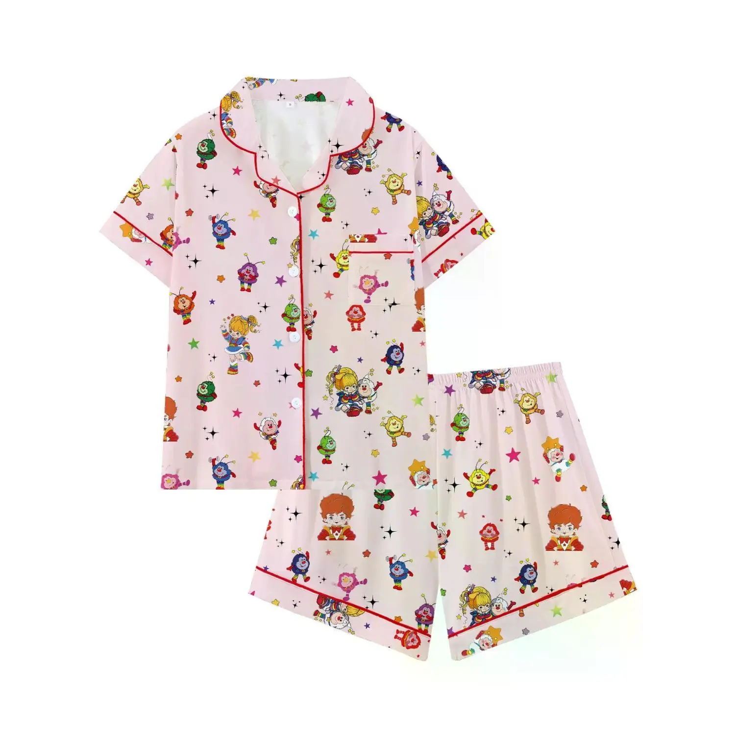 Retro Rainbow Brite Collar Short Sleeve Pajama Set: Comfy Sleepwear & Loungewear for Home and Outdoors, Ideal Gift for Pajama Enthusiasts