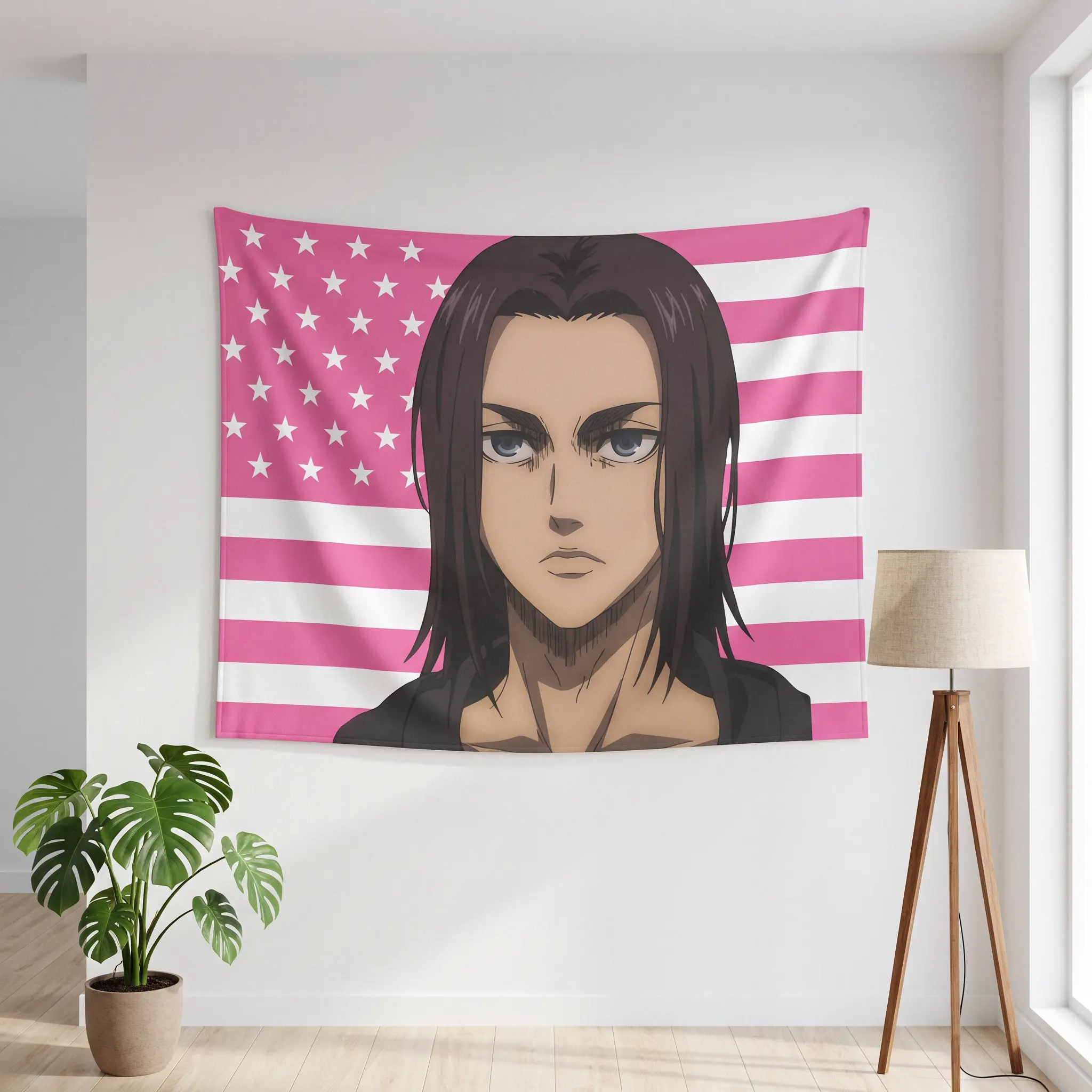 Eren Yeager Pink Flag Print Tapestry, Anime Room Decor, Flag Wall Art, Attack on Titan Poster, Japanese Manga Fan Gift