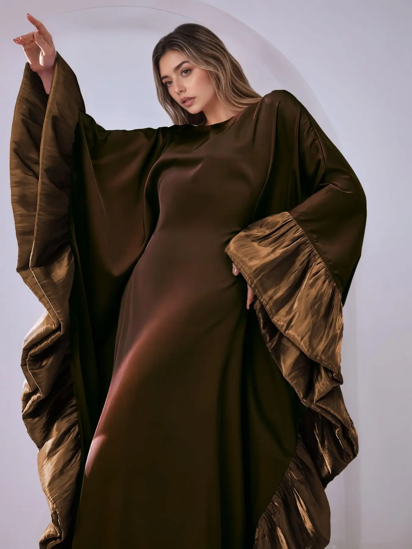 Women's Patchwork Long Sleeve Arabian Dress, Modest Round Neck Long Dress for Party Wedding Guest, Ladies Islamic Clothing for All Seasons