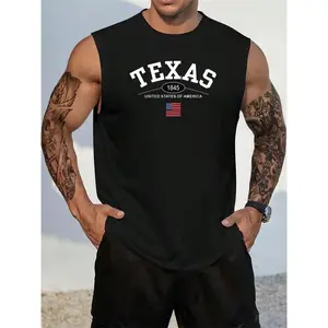 Texas Printed Men's Casual Sleeveless Tank Top - Durable Fitness Gear with Geometric Pattern, Crew Neck, Breathable, Comfortable Fit, Black Socks tank tops men sleeveless vest Menswear Cotton