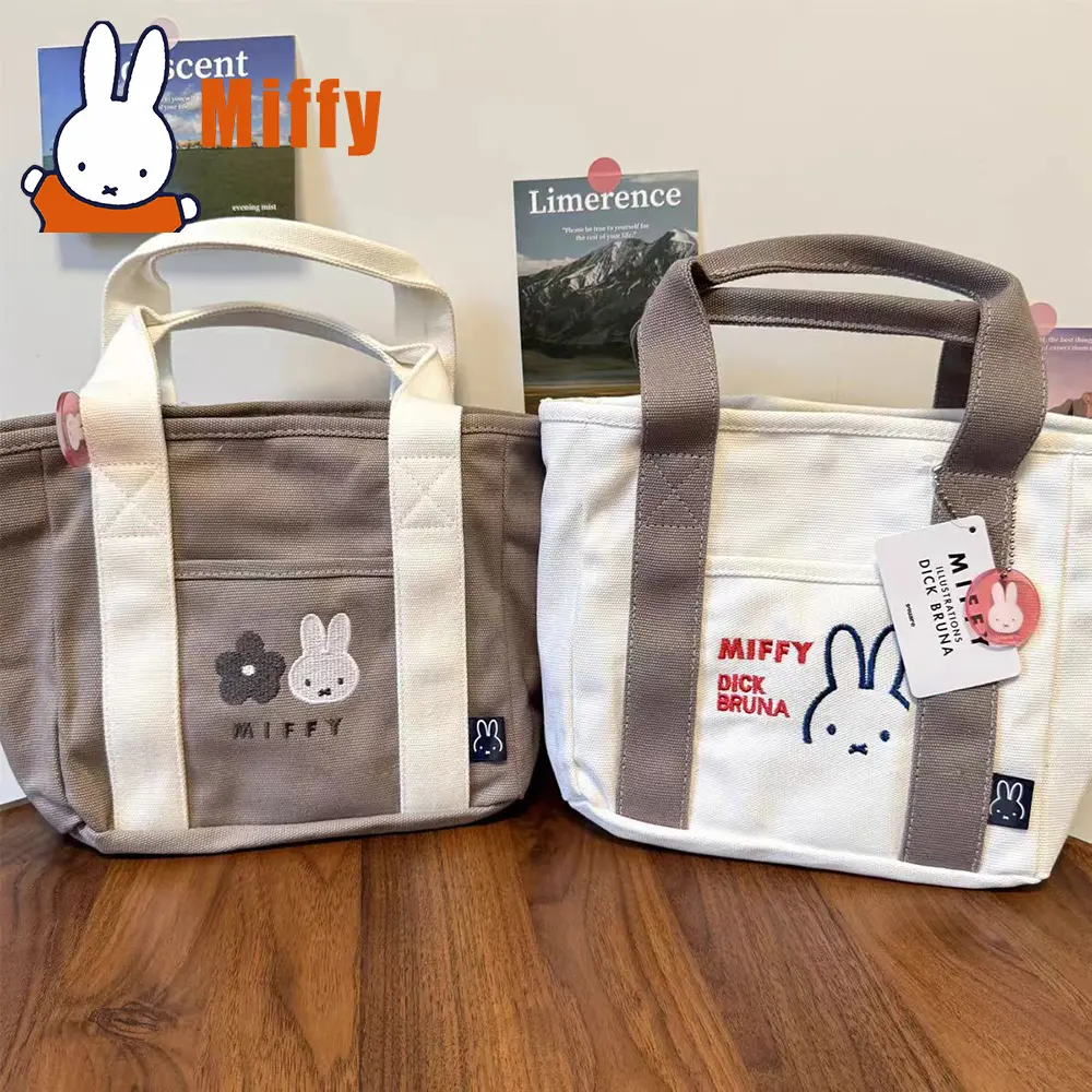 Kawaii Miffy Canvas Tote Bag Cute Rabbit Embroidered Handbag Compact Lunch Storage Organizer Daily Commuting Work Girl Gift