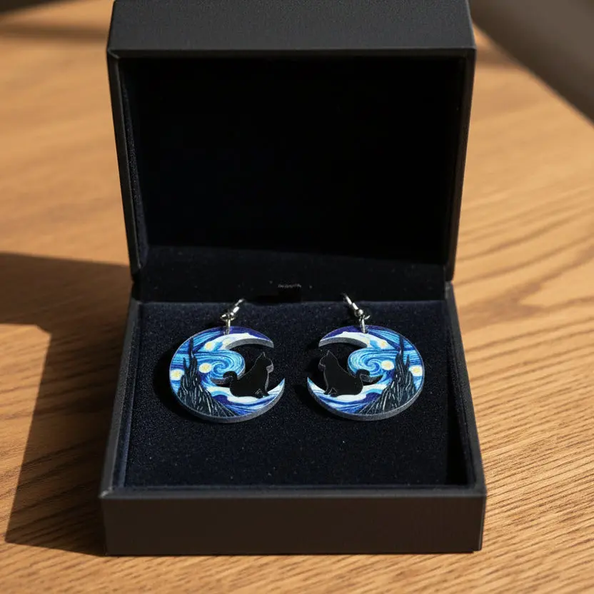 Women's Black Enamel Earrings - Durably Crafted Whimsical Celestial Starry Night Cat Moon Swirling Vine Night Sky Costume Jewelry, Swirling Vine Earrings