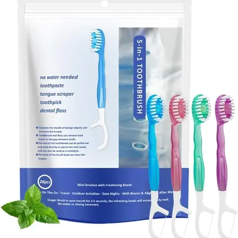 Tialexa 5-in-1 Compact Disposable Mouth Care Oral Toothbrush Multi-Pack (26 Pcs/Box) - Lightweight with Built-in Peppermint Toothpaste, Dental Floss, Tongue Scraper, Toothpick, Freshening Beads, Individually Wrapped for Travel, Business Trips