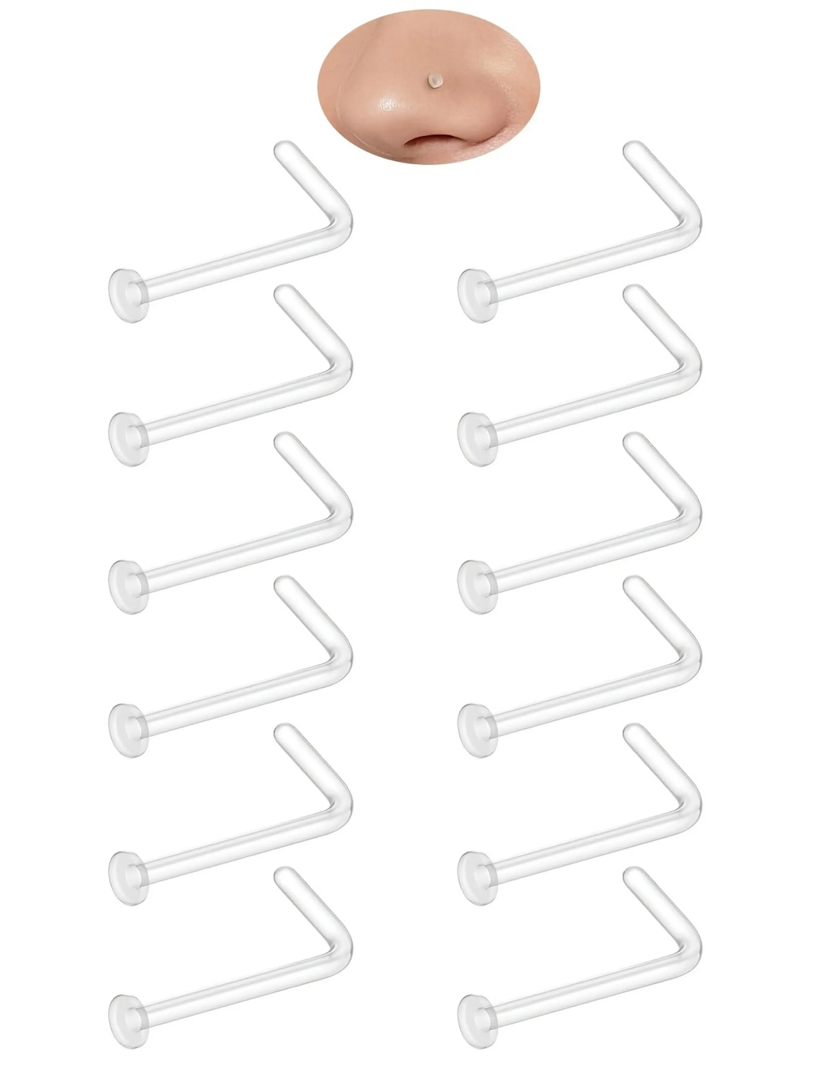 12pcs Bioflex Plastic L-Shape Nose Rings, 20g Size 2mm Clear Piercing Retainer, Ideal for Sports, Surgery, Earring, Lip, Nose New Perforation