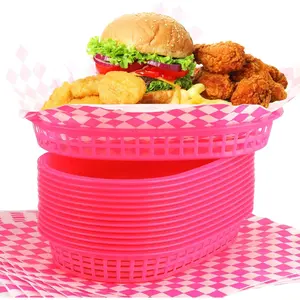 24 Pcs Food Serving Baskets with 100 Deli Liners 10.5 x 7 Inch Fast Food Restaurant Serving Trays for Burger Chip Hot Dog Hamburger Bread Picnic (Hot Pink)