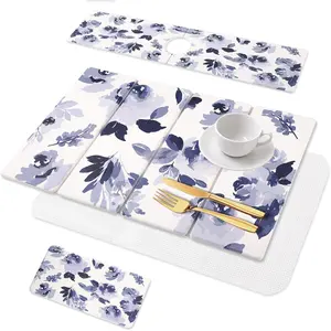 3 count Stone Dish Drying Mat for Kitchen Counter, Quick Dry Foldable Stone Dishes Mats, Water Absorbing Diatomaceous Earth Drying Organizer for Dishes Bottles, Cups and Tableware (Blue)