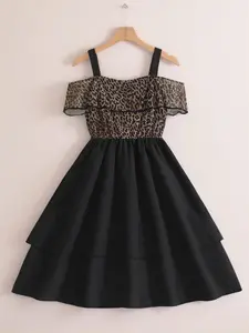 Girls Leopard Print Layered Midi Dress with Spaghetti Straps, Tiered Skirt Dress, Stylish and Trendy for Everyday Wear and Vacations