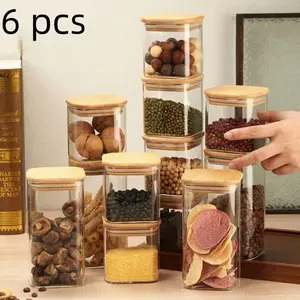 6-piece glass storage jars with bamboo lids, moisture-proof and dust-proof, transparent for easy viewing and sorting, ideal for kitchen storage of dry goods, snacks and grains to keep things neat and organized.