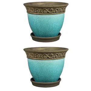 Southern Patio Cadiz 8" Crackled Ceramic Planter Pot w/Saucer, Teal (2 Pack)