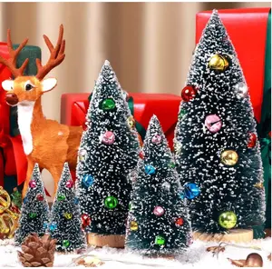 5pcs Mini Christmas Trees Decorations Artificial Christmas Trees Tabletop Bottle Brush Trees Small Trees with Snow and Colorful Beads for Indoor Outdoor Home Village Winter Holiday Decor