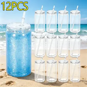 12 PACK 16 oz Plastic Snow Globe Tumbler with Pre-drilled Hole, Double Wall Acrylic Snowglobe Cup Plastic Can with Lid and Straw Plastic Mason Jar Mug for Snow Globe Glitter DIY Gift (Clear) Drinkware