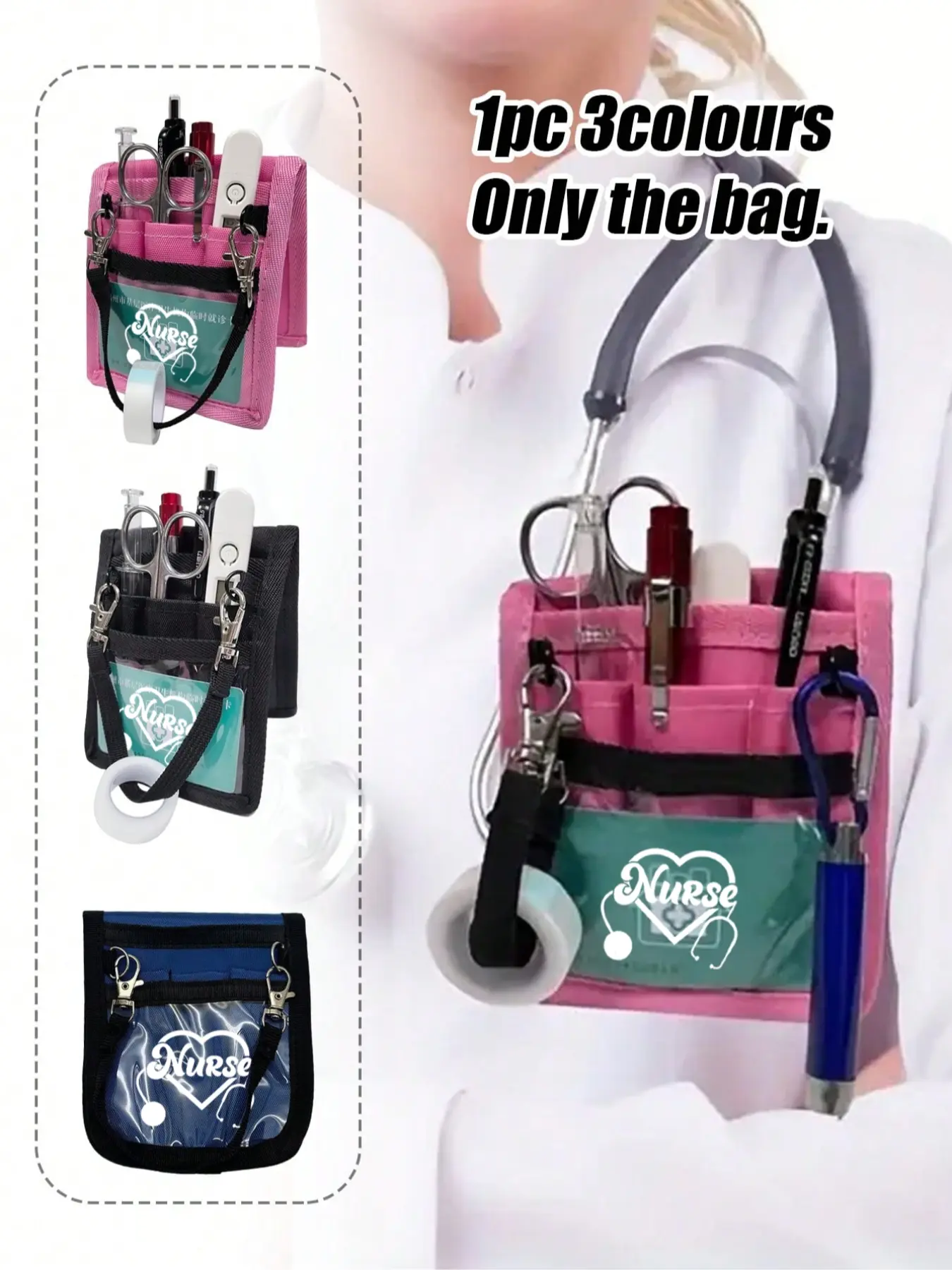 Multifunctional Tool Storage Bag, Durable Polyester Foldable Organizer with Heart Stethoscope Print, Multiple Compartments, Fixed Shoulder Strap