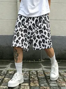 Unisex Y2K Street Style Summer Summer black, white, and gray leopard print mesh breathable drawstring athletic shorts, American street style loose straight leg four-quarter shorts，Suitable for street style outfits, couple outfit,Outdoor sports