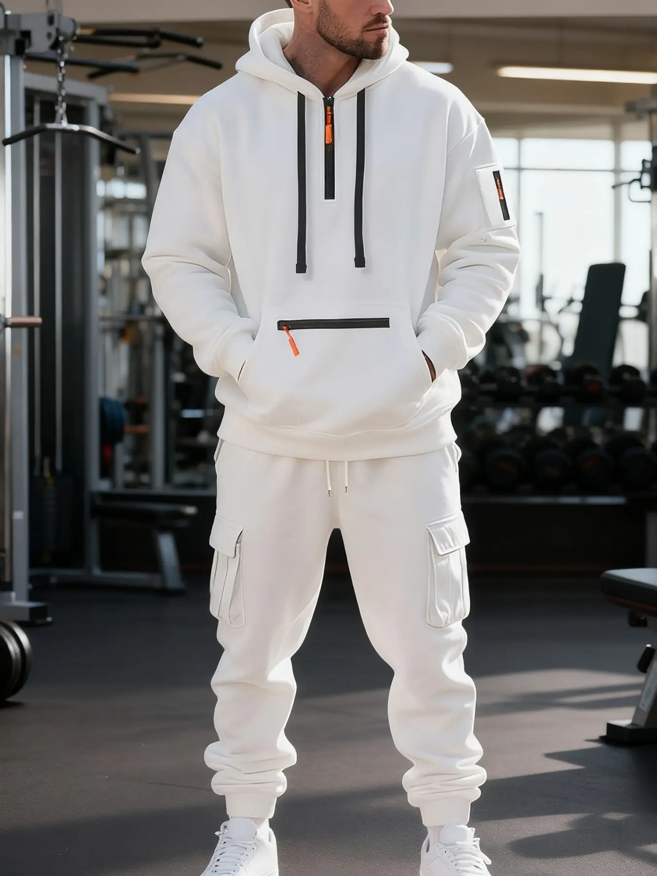 Men's Two-Piece Casual Sports Set, Half-Zip Hoodie with Cargo Pants, Fleece Lined Warm Sportswear for Gym, Exercise, Daily Wear, Sweatsuit Set Outfit, Sweatsuit With Pockets