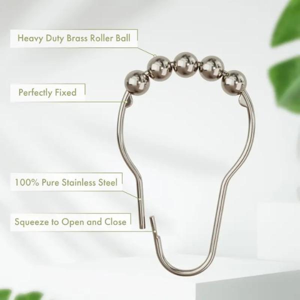 Shower Curtain Hooks, Decorative Rust Proof Stainless Steel Shower Curtain Hooks for Bathroom Shower Rods Set of 12, Polished Nickel (12pcs)