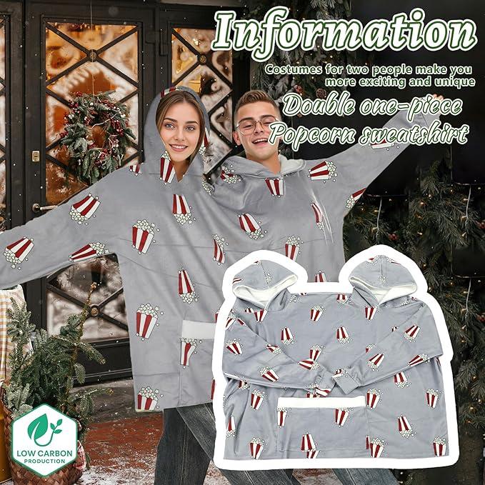 Couple Pajamas Funny Popcorn Flannel Matching Pajamas Oversized Hooded Sweatshirts with Pockets Unique Christmas Gift for Couples - Grey