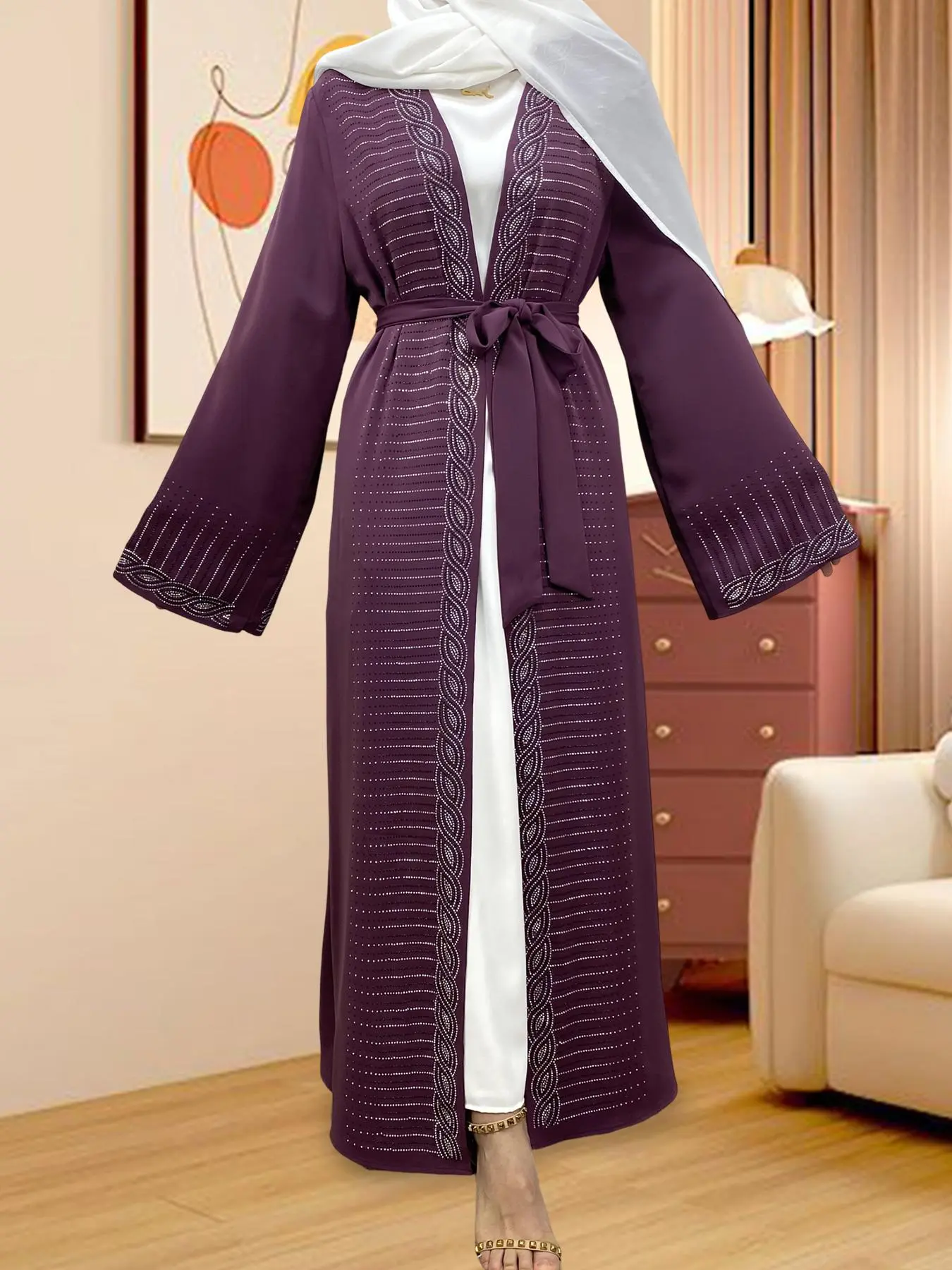 Women's Solid Color Embroidery Abaya, Modest Muslim Outfits, Islamic Modesty Clothes, Casual Long Sleeve Open Front Lounge Dress for Daily Wear, Ladies Sleepwear for All Seasons