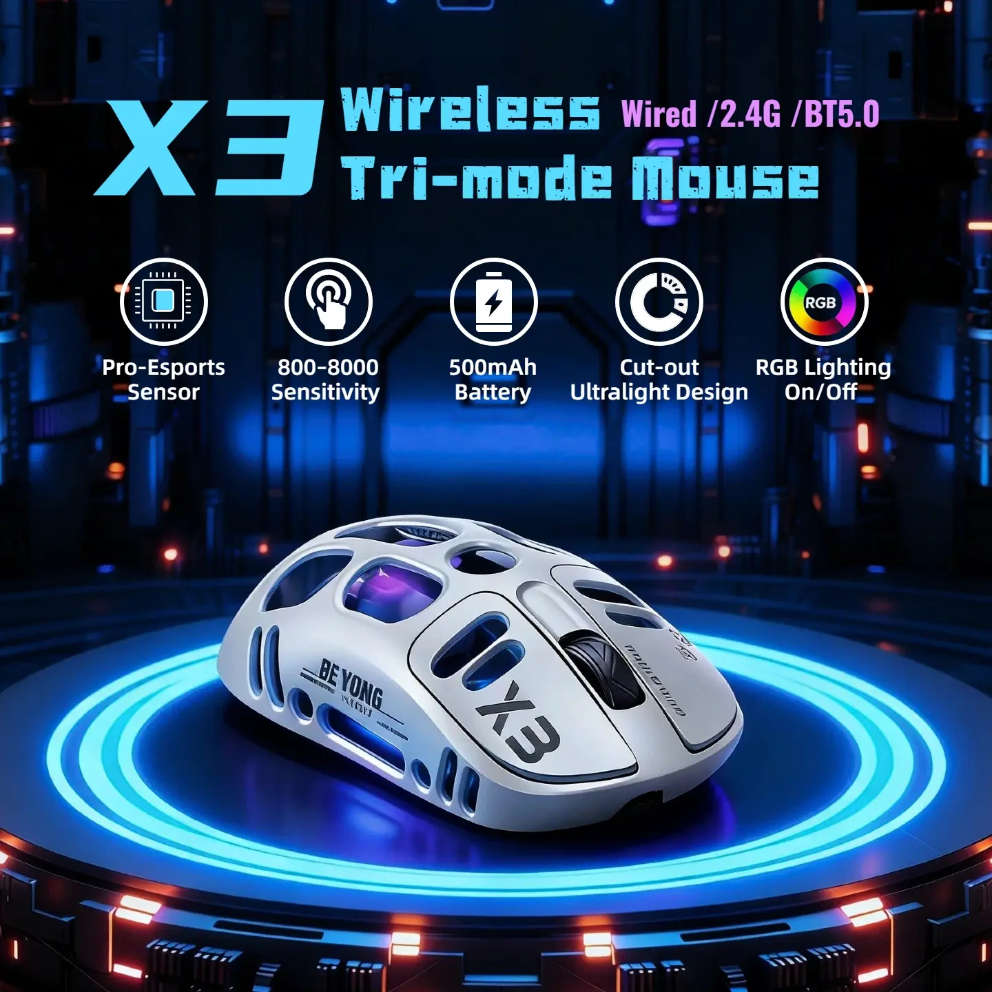 T-WOLF X3 Ergonomic Lightweight Shell Cable-Free Gaming Mouse - Tri-Mode Connection, Pro-Grade High-Sensitivity Tracking Sensor, RGB Lighting, Stable Performance, Contour Adjustable Design, Comfortable Grip, Gray White