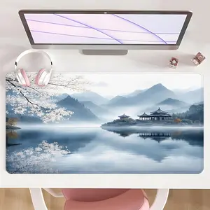 [Mouse Desk Pad] Non-Slip Mouse Pad Large Gaming Mouse Pad With Rubber Base & Stitched Edge Misty Lake Cherry Blossom Design Desk Top Protector Mat For Home Office Use Perfect Gift For Spring Season