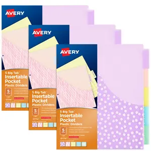 Avery Big Tab Dividers for 3 Ring Binders, 5-Tab Set, Plastic Binder Dividers with Pockets, Insertable Big Tabs, Pastel Classic Designs, Works With Sheet Protectors, 3 Sets (11255)