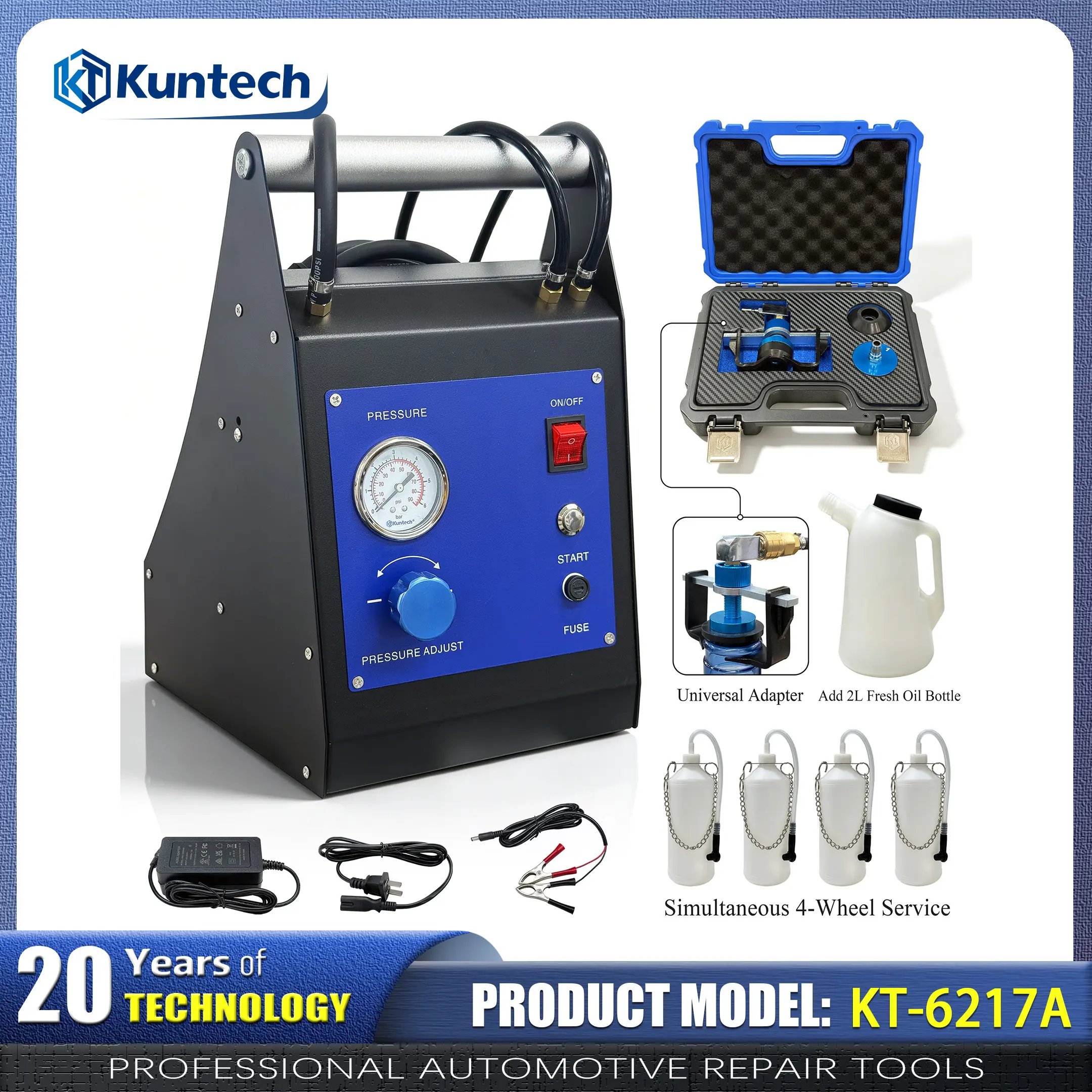 Kuntech KT-6217A Electric Brake Bleeder Kit for Brake Service, 48W, 0.6-3.0BAR, 12V-24V DC & 900V-240V AC Pulse Flow Fluid Exchanger with Adjustable Pressure for Passenger Cars