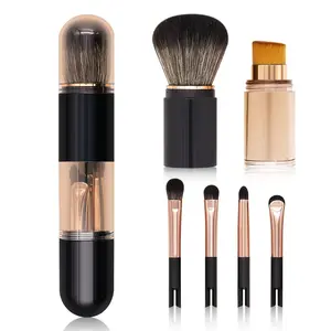 6-in-1 Extendable Makeup Brush Set with Retractable Blush & Foundation Brush & 2 Double-Ended Eyeshadow Brushes - Portable Travel-Friendly Compact Suitable for Skin Types, Concealed Angled Foundation Tip, Detachable Nylon Bristles for -the-
