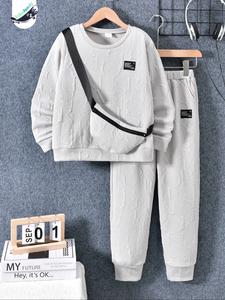 boys' fall winter casual sporty style sweatshirt set, textured letter print round neck long sleeve top + pants + bag, colors