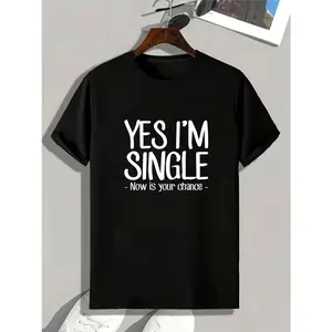 Summer t Shirts Men'S Casual "YES I'M SINGLE" Print T-Shirt, Polyester 95% Elastane 5%, Crew Neck Golf Gift T-Shirt For Men and Women