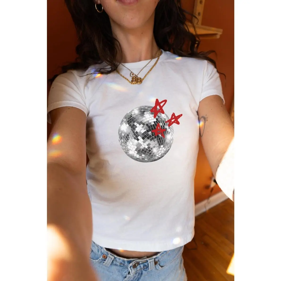 Disco Diva Baby Tee, Starry Disco Ball T-shirt, Womens Fitted Tops, Concert Outfit Ideas, Gift Ideas for Her