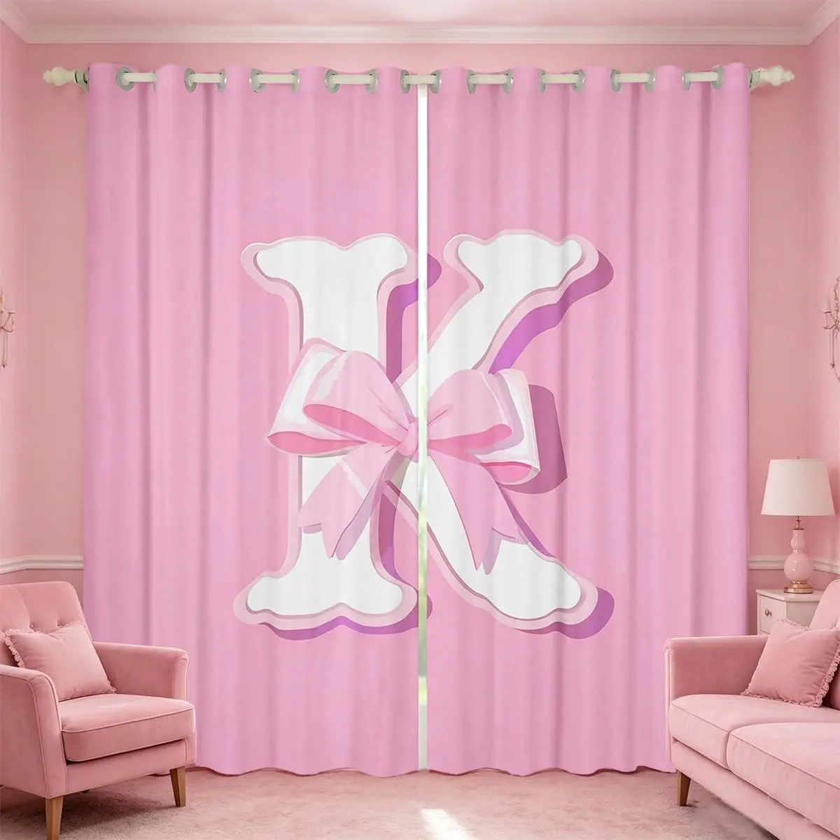 Pink Bowknot Blackout Curtain,(2 Panels,),Gifts Women Initial Letter K Curtains Bedroom Living Room Romantic Blackout Curtains,Window Treatments