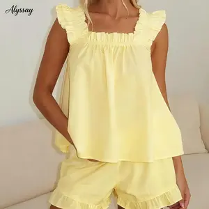 Women Summer Pajama Set Solid Flying Sleeve Tank Tops and Ruffle Shorts 2 Piece Casual Lounge Outfit