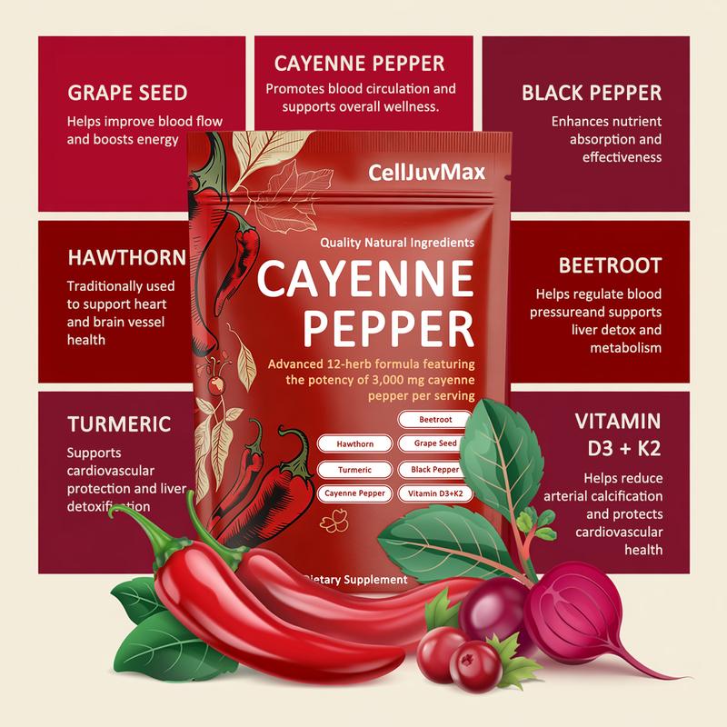 CellJuvMax Cayenne Pepper Supports Leg Vein, Heart and Blood Vessel Health Softgels 240 Capsules – 12-in-1 Advanced Botanical Formula with Turmeric, Grape Seed, Hawthorn, Vitamin D3 + K2 – Vegan, Non-GMO, Keto Friendly