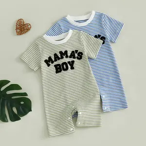 Baby Boys Mothers Day Outfit Summer Striped Waffle Romper Casual Letter Embroidery Short Sleeve Jumpsuit for Newborn