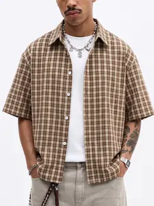 Brown Yellow Plaid Short Sleeve Shirt Men, Y2K Casual Streetwear Vintage Oversized Button Up, Button Front Shirt, Summer Loose Fit Shirt, For Daily Wear, Street Style, Office, Men's Retro Streetwear #springsaledeals2026 #summeroutfits #tiktokshopmademe