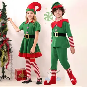 Santa Claus Costume Elf Christmas Outfit for Family New Year Clothes Men Women Xmas Santas Elves Cosplay Green Red Fancy Dress Womenswear Matching Fitted Suits