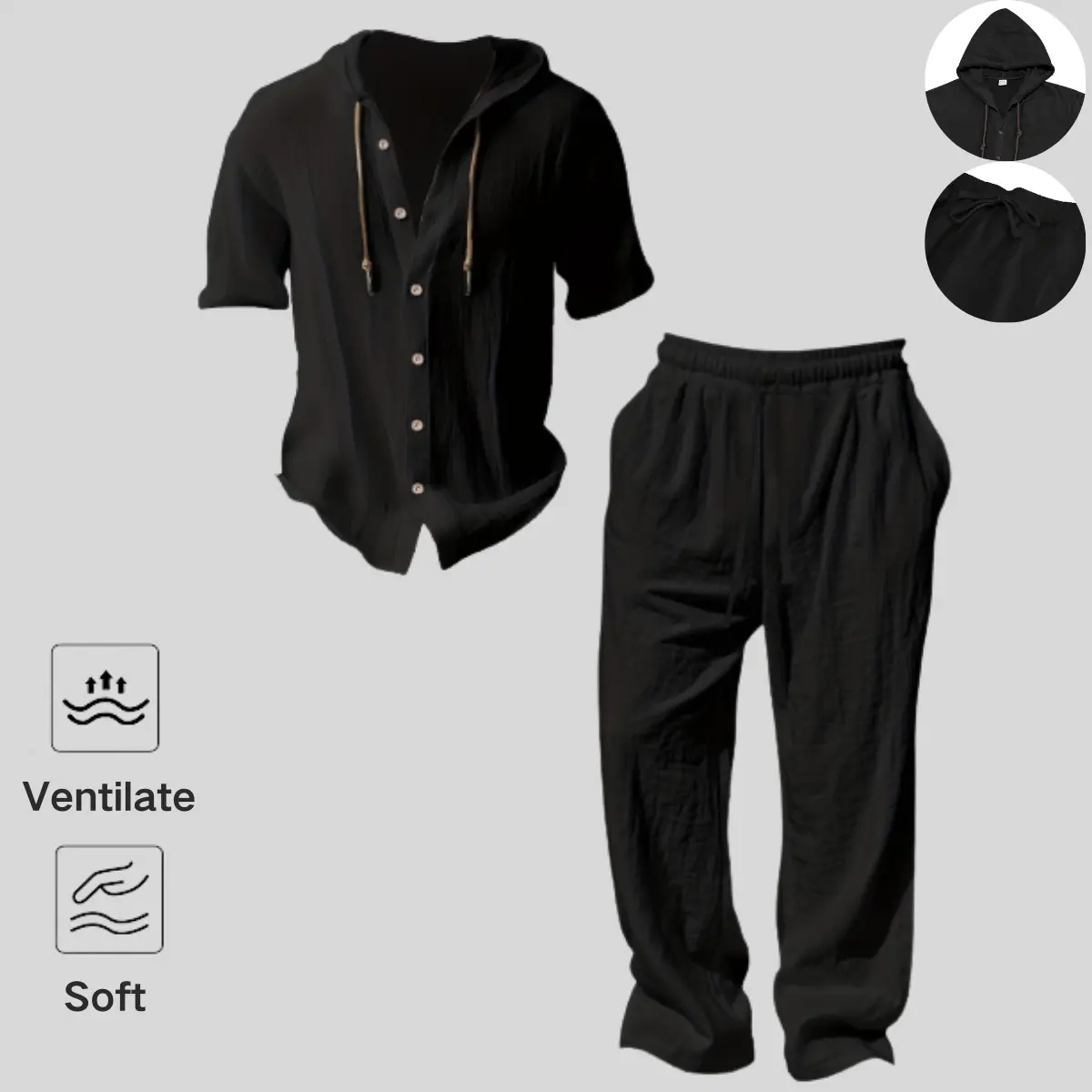 Men&rsquo;s lightweight two-piece set with a hood, casual vacation style, loose and breathable thin fabric, hooded sweatshirt and wide-leg pants, for summer wear