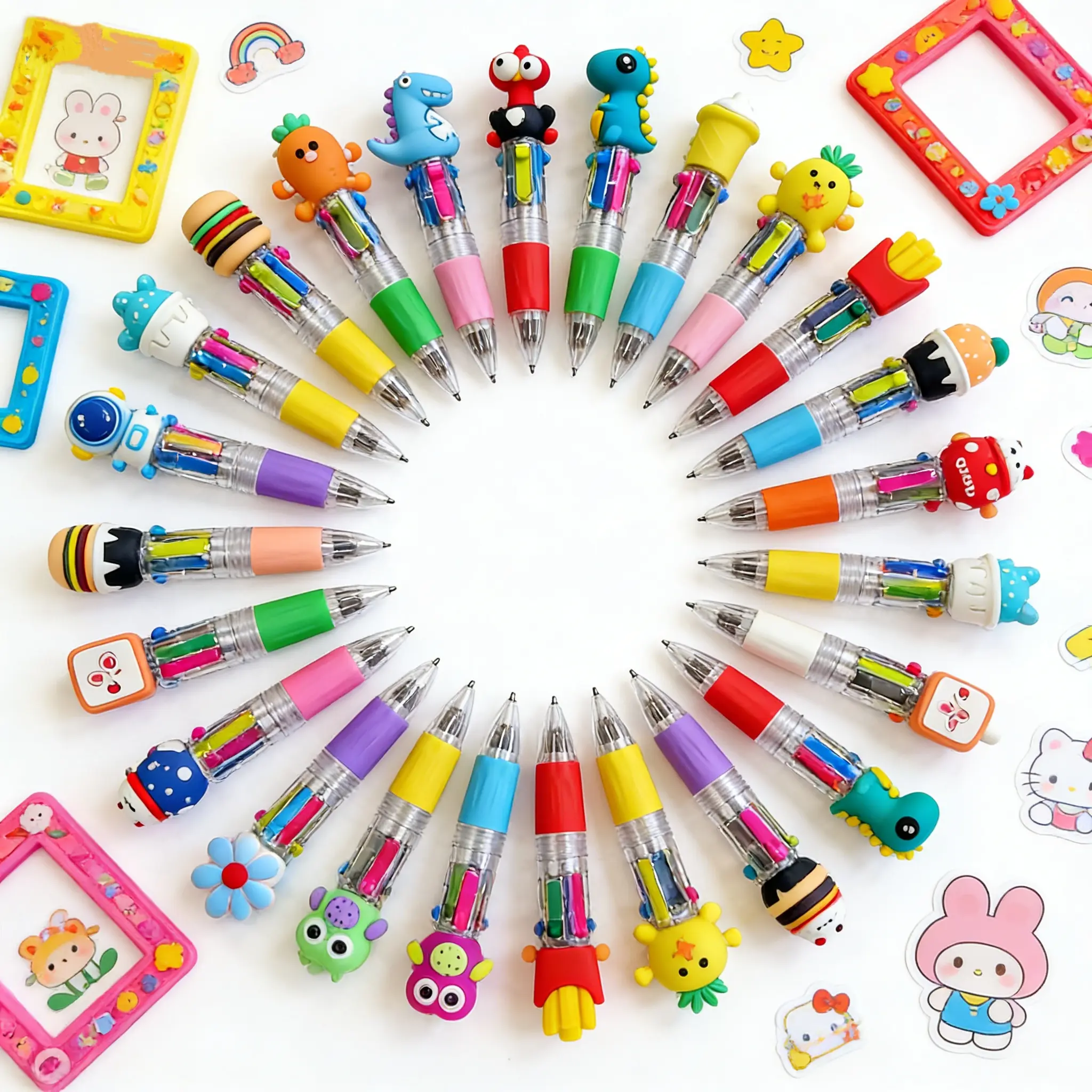 32Pcs 10cm Unisex Mini Multicolor 4-in-1 Ballpoint Pen Set - Cute Cartoon Writing Pens with 4 Vibrant Ink Colors, Removable Rubber Top Minitoy, Bulk Classroom Party Favors for Students
