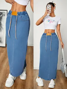 JUNBAOSS Women's Casual Stretch Drawstring Waist Denim Skirt, Back Split,High Waist Denim Maxi Skirt,Large Pocket,Pull On Mid-Length Streetwear Denim A Line Blue&Black Skirt FallFreshness