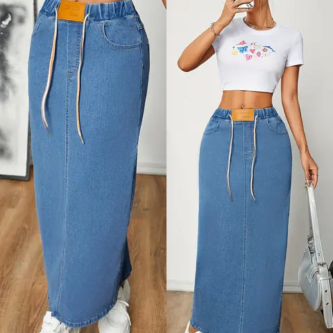 JUNBAOSS Women's Slim Fitted Basic Casual Denim Skirt - Stretchy Cotton Fabric, High-Waist with a drawstring elastic waistband, Back Split, Large Pocket, Pull-On A-Line Minimalist Bottom, Blue & Black, summerwins,back to school shopping 2026 fashion