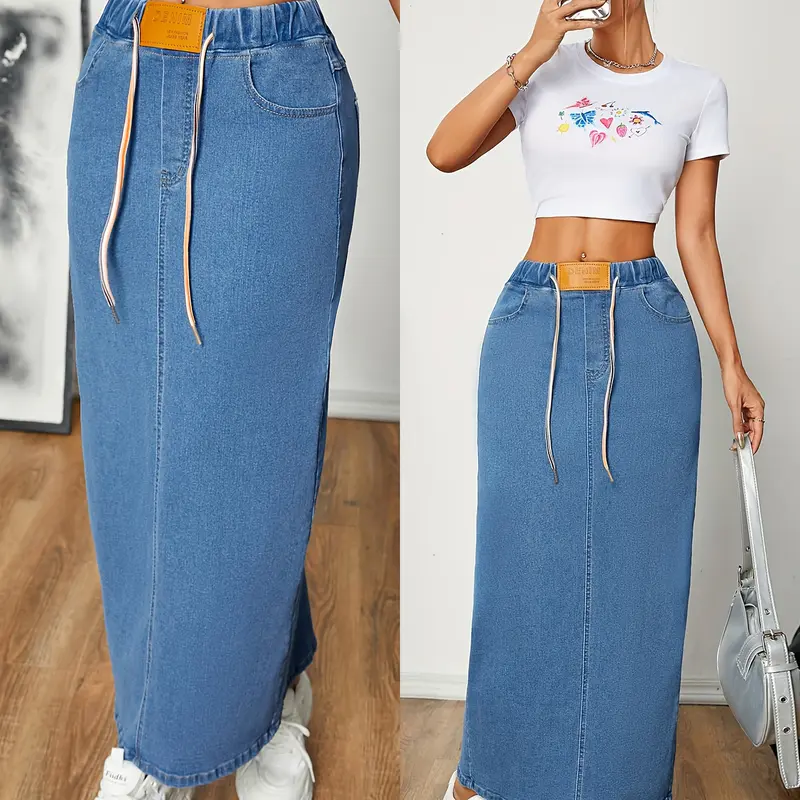 JUNBAOSS Women's Slim Fitted Basic Casual Denim Skirt - Stretchy Cotton Fabric, High-Waist with a drawstring elastic waistband, Back Split, Large Pocket, Pull-On A-Line Minimalist Bottom, Blue & Black, summerwins,back to school shopping 2026 fashion