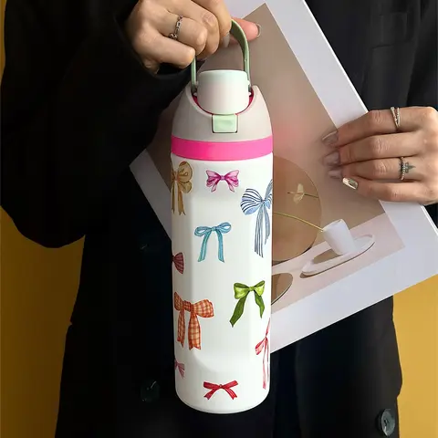 Bow Pattern Stainless Steel Vacuum Flask, 1 Count Portable Water Bottle with Straw, Drinking Cup for Home Office School Outdoor, Tumbler with Lid, Flask Water Bottles