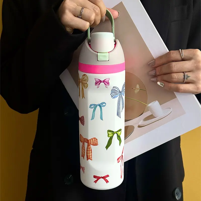 Bow Pattern Stainless Steel Vacuum Flask, 1 Count Portable Water Bottle with Straw, Drinking Cup for Home Office School Outdoor, Tumbler with Lid, Flask Water Bottles
