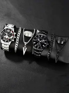 8pcs - Men's Handsome and Fashionable Round Quartz Watch+Personalized Necklace Ring Bracelet Accessories Set Valentine's Day Easter Halloween Ramadan Birthday New Year's Day Christmas Best Choice for Giving Gifts to Friends