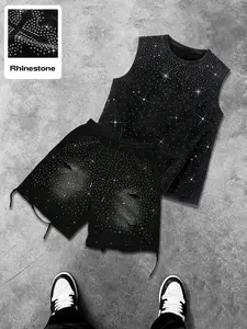 Men's Casual Short Sleeve Rhinestone Set, Pure Vintage Design, Shorts with Rhinestone Decor, Outdoor Leisure Vacation Gift, Top, Outfit