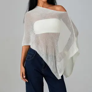 Women Knit Cover-up, See-through Solid Irregular Loose Pullover Summer Beach Tops