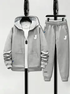 2Pcs/Set Boys for winter Teens Outfit Fashion Casual Retro Street Hooded Fleece Cardigan Print Sweatshirt Jacket + Fleece Jogger Pants with Elastic Waistband Spring Autumn Winter 8-16 Years Old